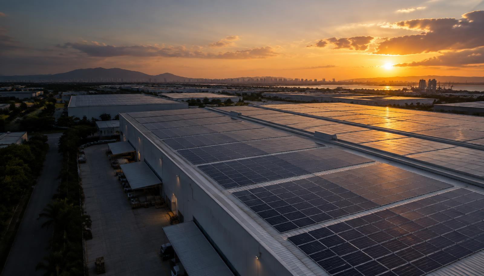 Industrial rooftop solar installation at sunset